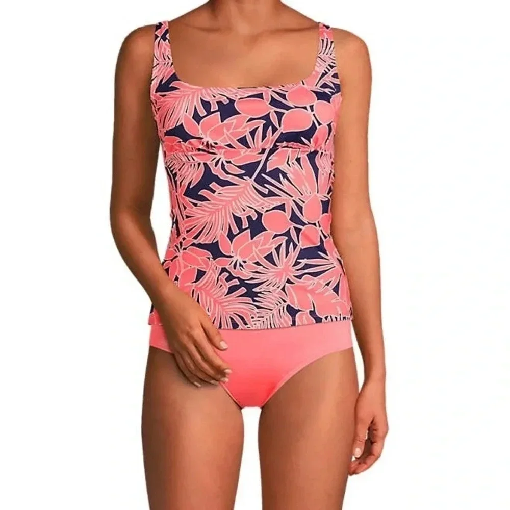 Land’s End Square Neck Underwire Tankini Swimsuit Top Pink Navy Palm Size 2 NWT